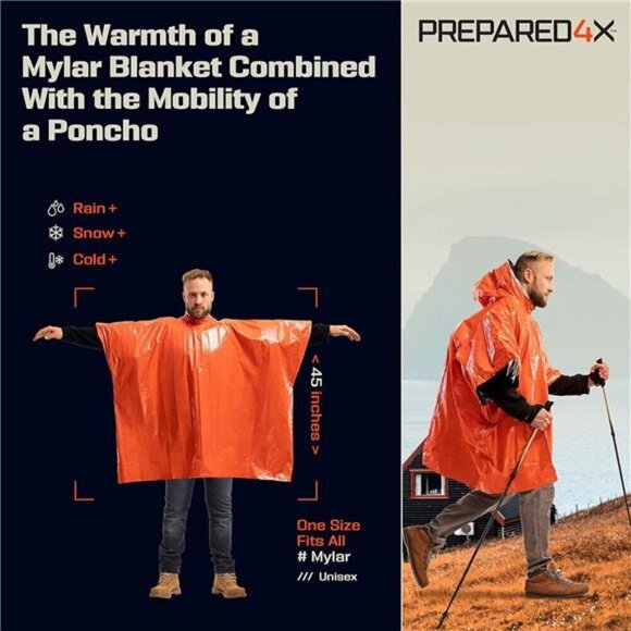 Emergency Poncho Mylar Blanket Liner Heavy Waterproof Rain Outdoor ORANGE New - Picture 2 of 7
